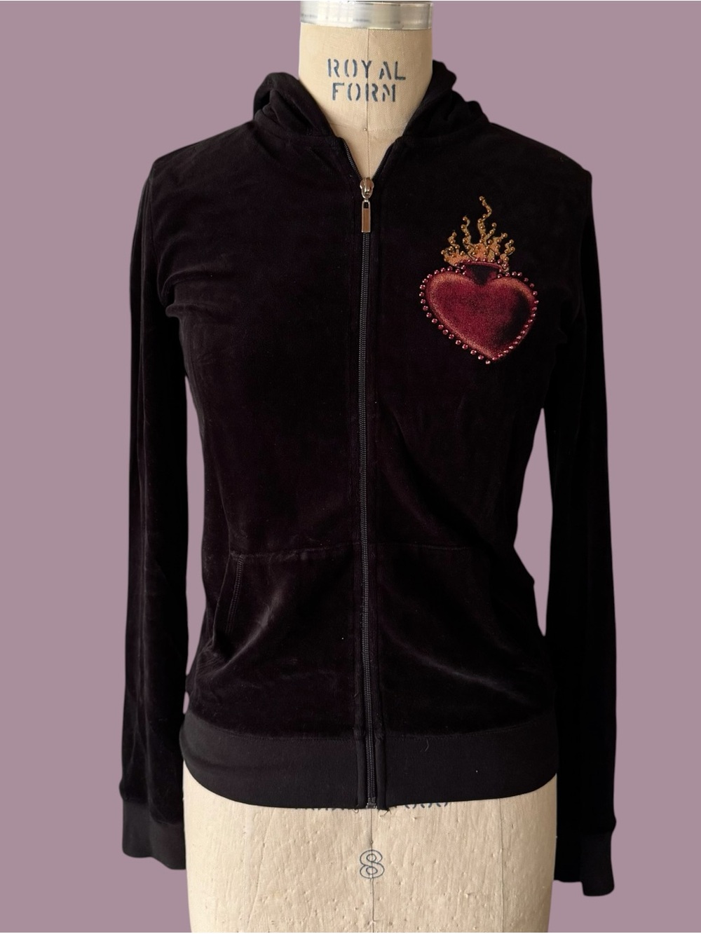 Black Velour Y2K Zip Hoodie Swarovski Crystals HEARTS ON FIRE by ankh size Small